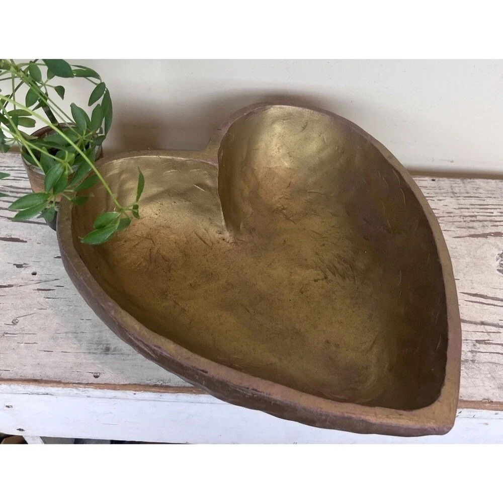 Charming Vintage Hand Carved Wooden Heart Bowl Gold Painted 13”x12”